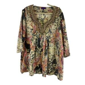 Indikka Tunic Blouse Beaded Floral Multicolored Lightweight Silk Rayon Womens XL